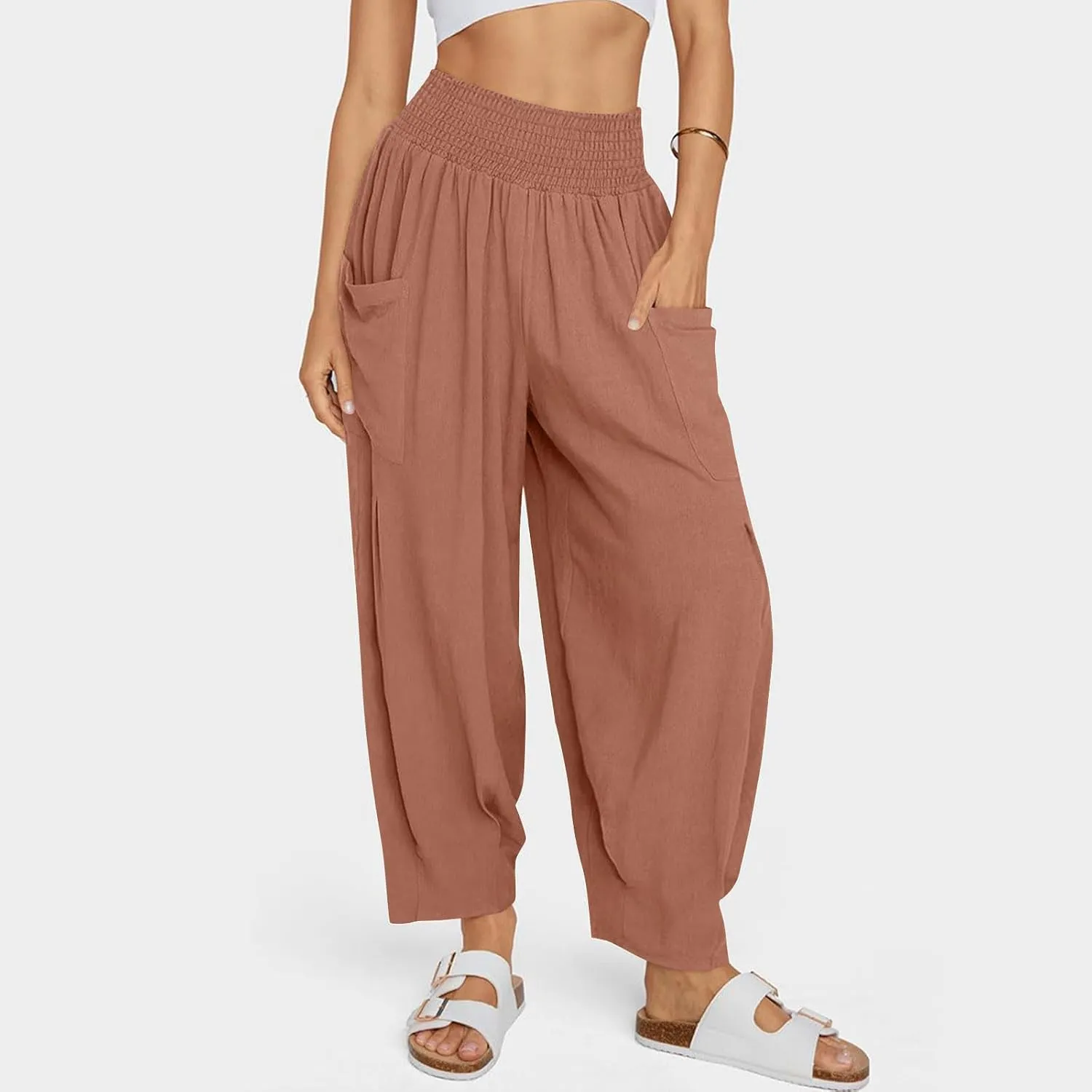 Women Linen Boho Pants Summer Casual Loose High Waist Cargo Lounge Harem Pant 2025 Beach Travel Vacation Slack Outfits