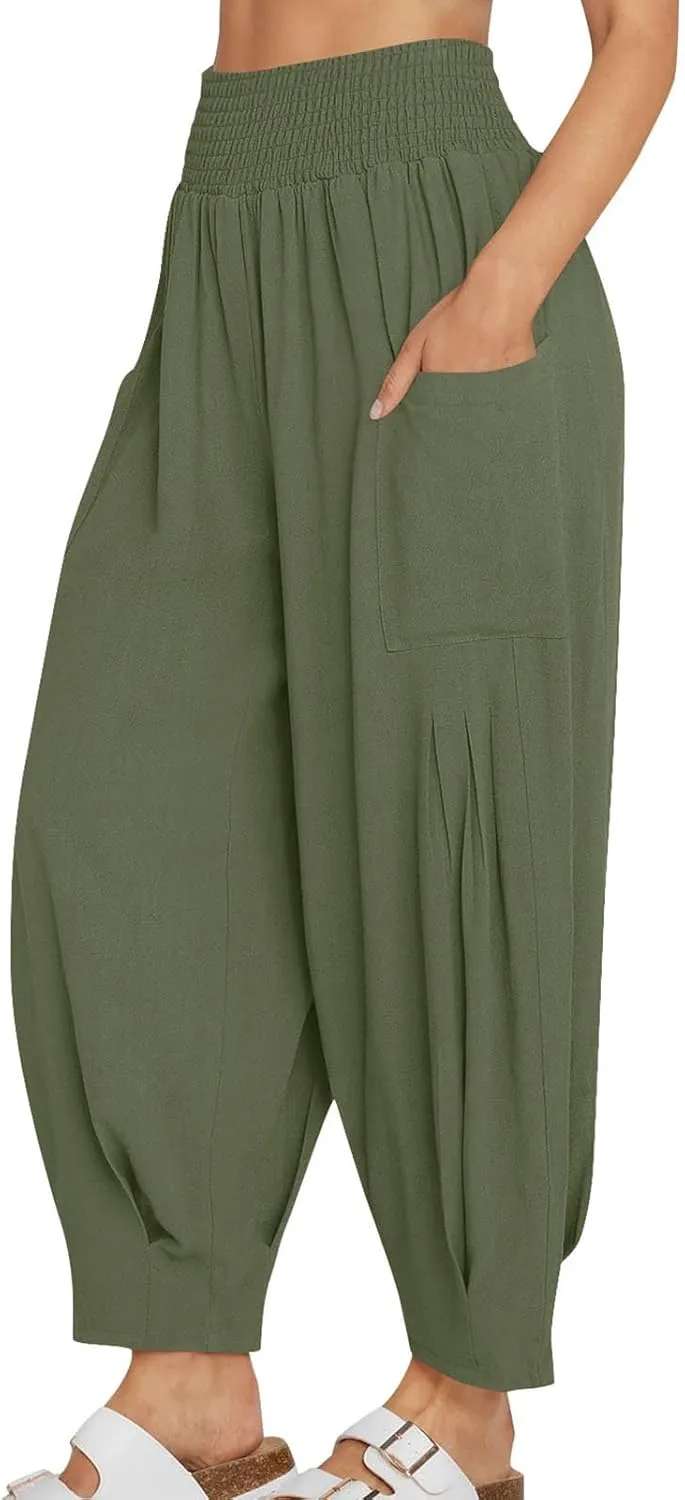 Women Linen Boho Pants Summer Casual Loose High Waist Cargo Lounge Harem Pant 2025 Beach Travel Vacation Slack Outfits