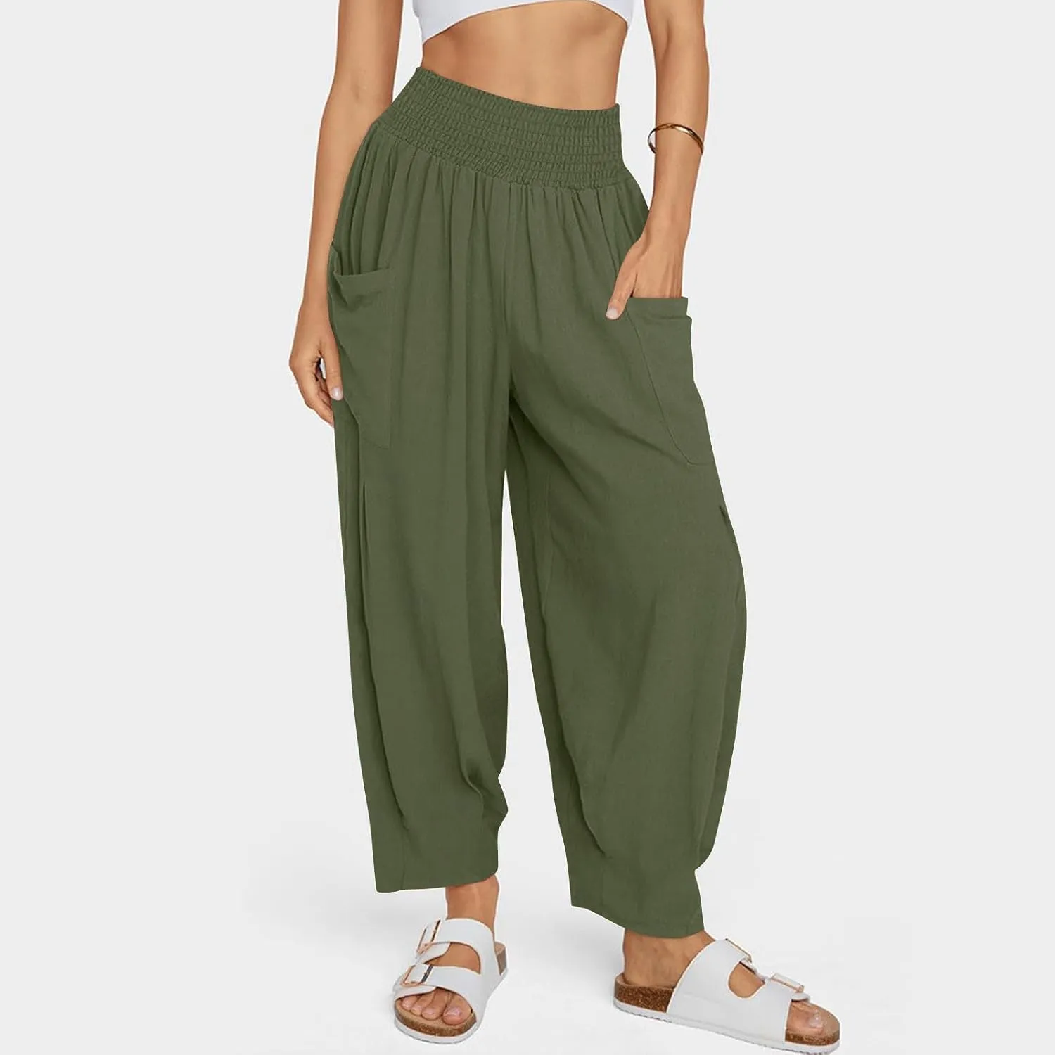 Women Linen Boho Pants Summer Casual Loose High Waist Cargo Lounge Harem Pant 2025 Beach Travel Vacation Slack Outfits