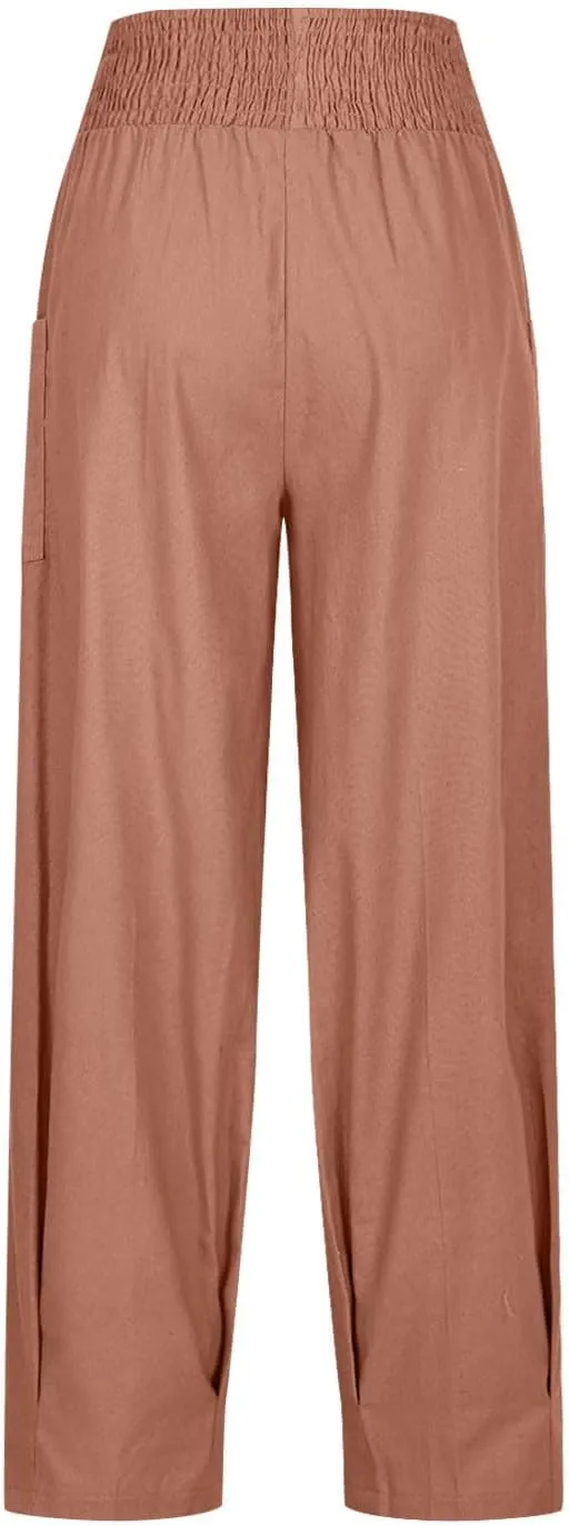 Women Linen Boho Pants Summer Casual Loose High Waist Cargo Lounge Harem Pant 2025 Beach Travel Vacation Slack Outfits