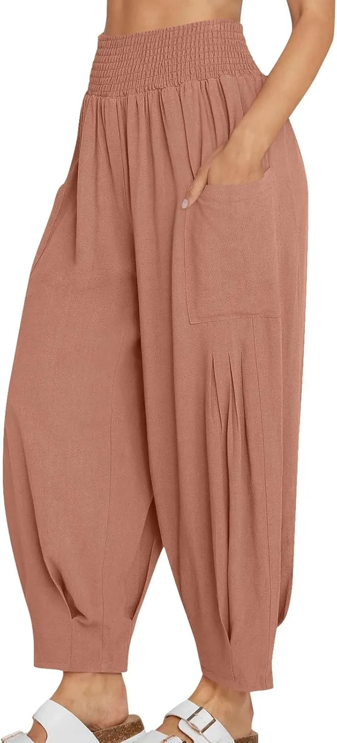 Women Linen Boho Pants Summer Casual Loose High Waist Cargo Lounge Harem Pant 2025 Beach Travel Vacation Slack Outfits