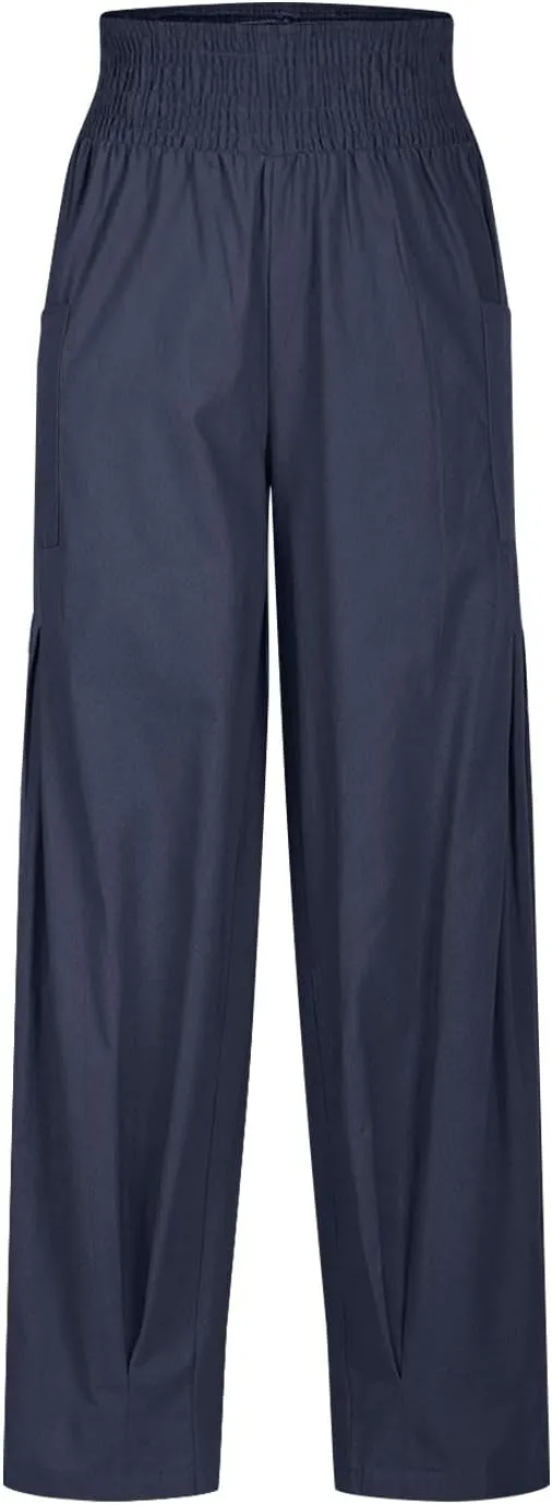 Women Linen Boho Pants Summer Casual Loose High Waist Cargo Lounge Harem Pant 2025 Beach Travel Vacation Slack Outfits