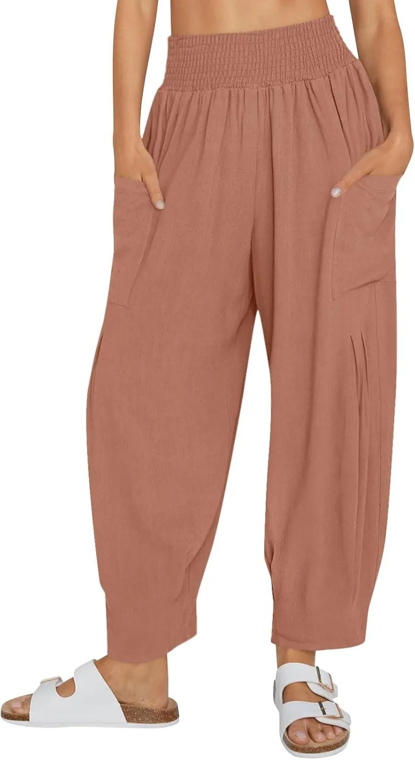 Women Linen Boho Pants Summer Casual Loose High Waist Cargo Lounge Harem Pant 2025 Beach Travel Vacation Slack Outfits