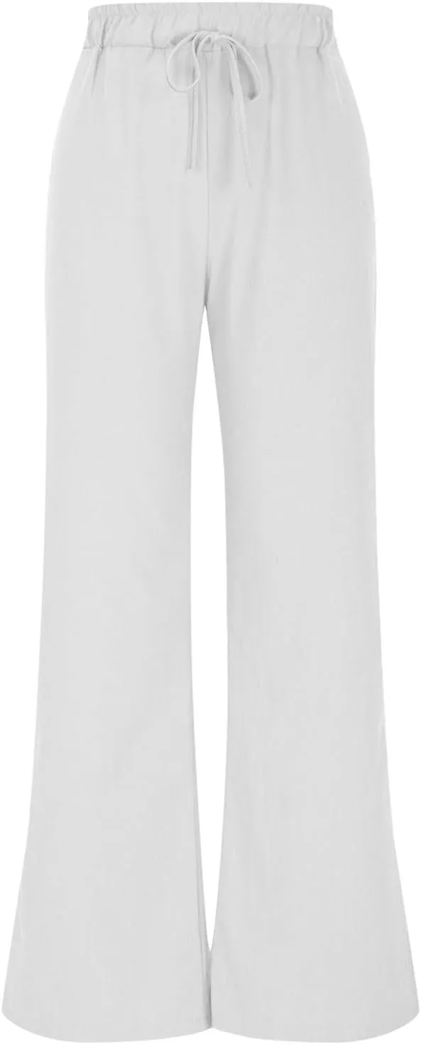 Women Linen Palazzo Pants Summer Boho Beach Pants Casual Wide Leg High Waist Lounge Pant Vacation Trousers with Pocket