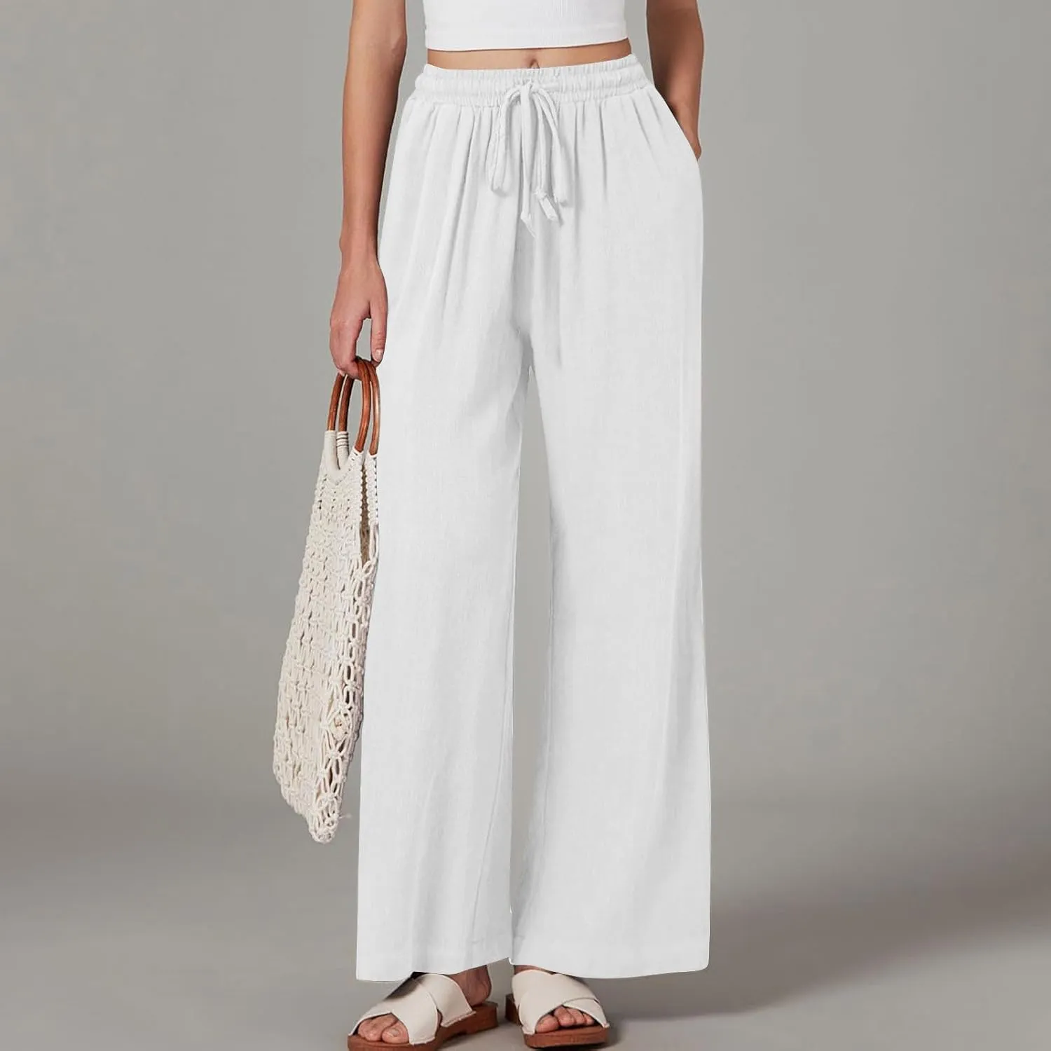 Women Linen Palazzo Pants Summer Boho Beach Pants Casual Wide Leg High Waist Lounge Pant Vacation Trousers with Pocket