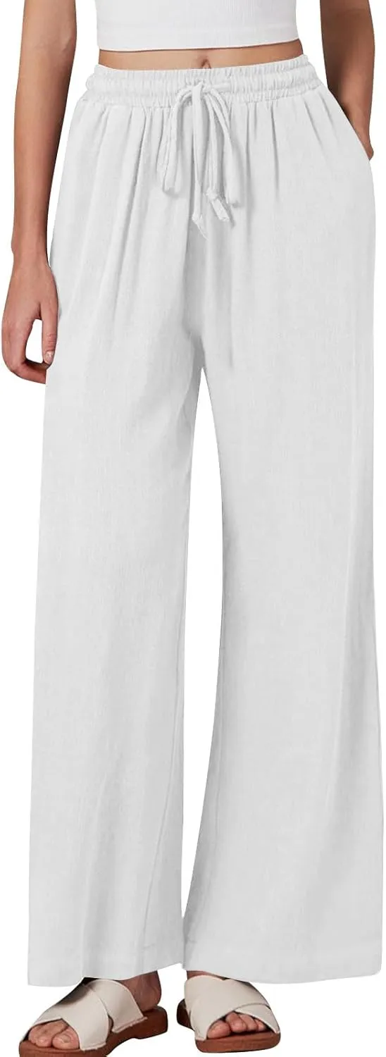 Women Linen Palazzo Pants Summer Boho Beach Pants Casual Wide Leg High Waist Lounge Pant Vacation Trousers with Pocket