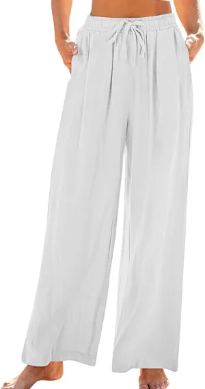 Women Linen Palazzo Pants Summer Boho Beach Pants Casual Wide Leg High Waist Lounge Pant Vacation Trousers with Pocket