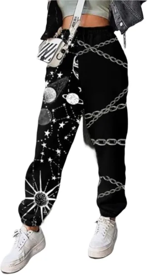Women Printed Baggy Sweatpants Pockets High Waist Joggers Pants Contrast Color Sporty Athletic Lounge Trousers
