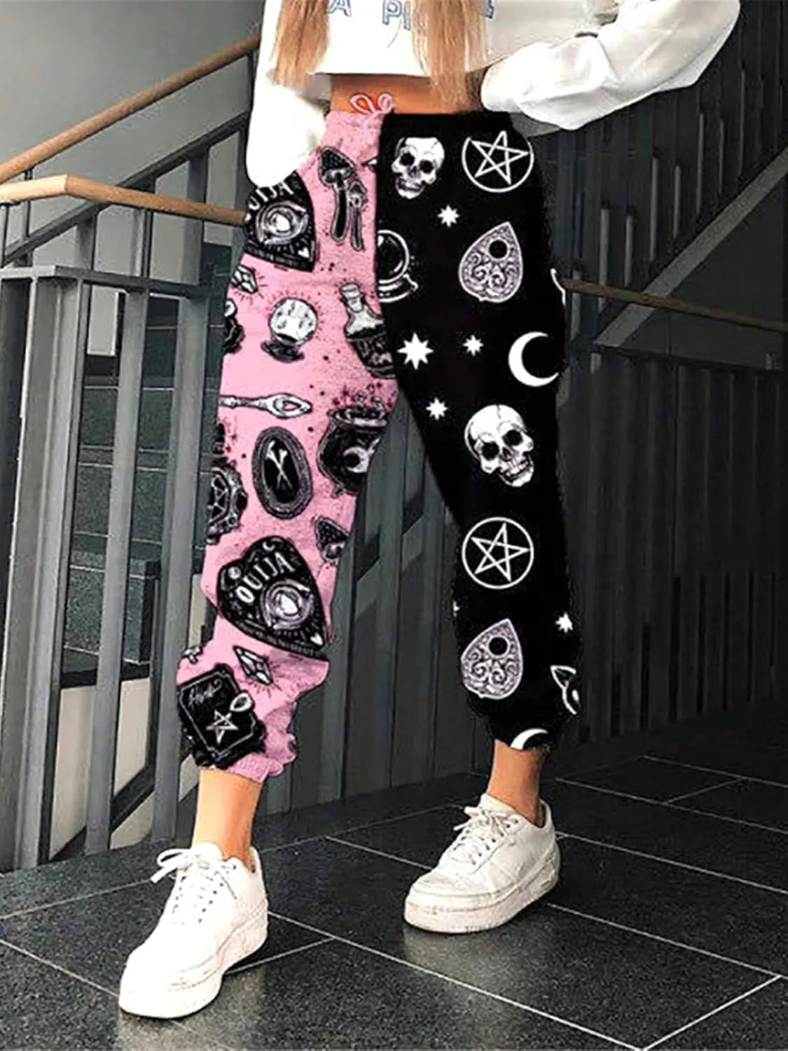 Women Printed Baggy Sweatpants Pockets High Waist Joggers Pants Contrast Color Sporty Athletic Lounge Trousers