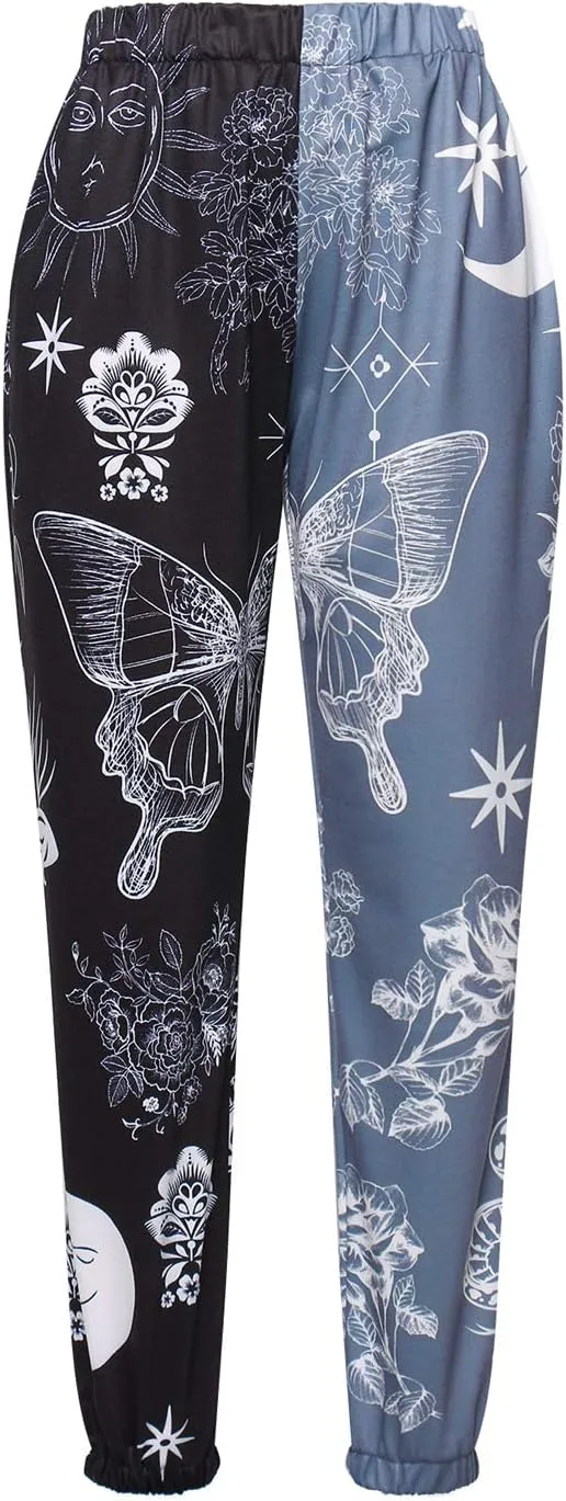 Women Printed Baggy Sweatpants Pockets High Waist Joggers Pants Contrast Color Sporty Athletic Lounge Trousers