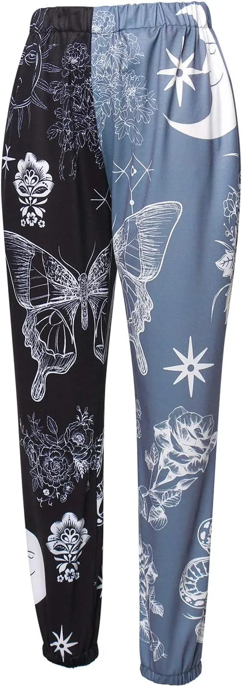 Women Printed Baggy Sweatpants Pockets High Waist Joggers Pants Contrast Color Sporty Athletic Lounge Trousers