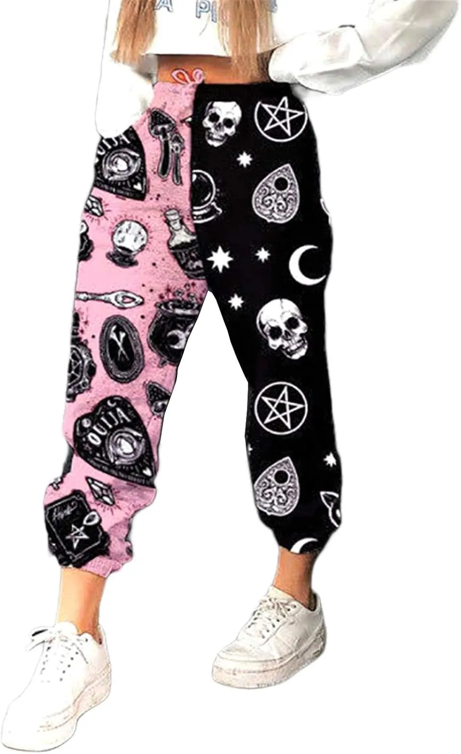 Women Printed Baggy Sweatpants Pockets High Waist Joggers Pants Contrast Color Sporty Athletic Lounge Trousers