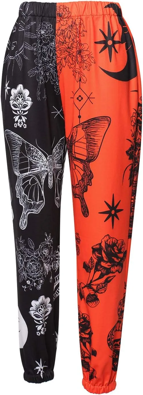 Women Printed Baggy Sweatpants Pockets High Waist Joggers Pants Contrast Color Sporty Athletic Lounge Trousers