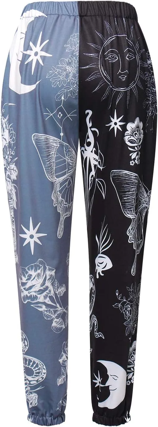 Women Printed Baggy Sweatpants Pockets High Waist Joggers Pants Contrast Color Sporty Athletic Lounge Trousers