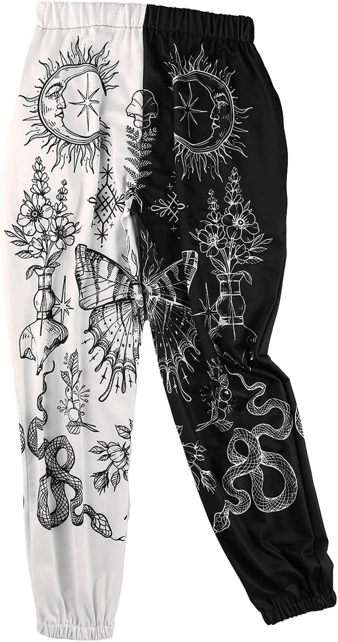 Women Printed Baggy Sweatpants Pockets High Waist Joggers Pants Contrast Color Sporty Athletic Lounge Trousers
