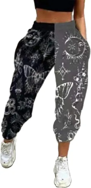 Women Printed Baggy Sweatpants Pockets High Waist Joggers Pants Contrast Color Sporty Athletic Lounge Trousers