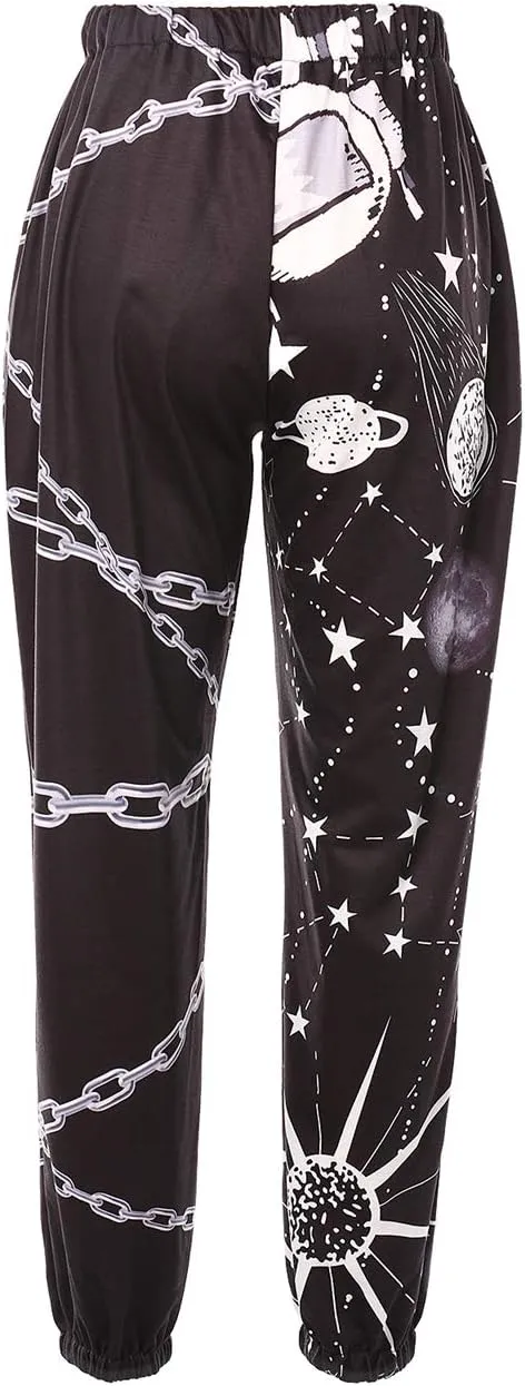 Women Printed Baggy Sweatpants Pockets High Waist Joggers Pants Contrast Color Sporty Athletic Lounge Trousers