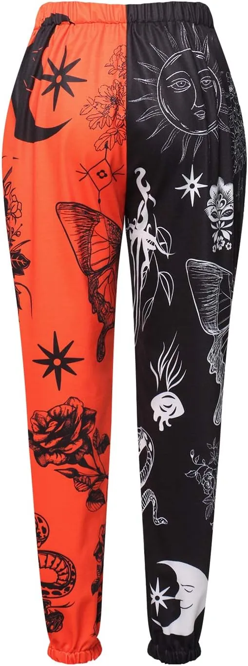 Women Printed Baggy Sweatpants Pockets High Waist Joggers Pants Contrast Color Sporty Athletic Lounge Trousers