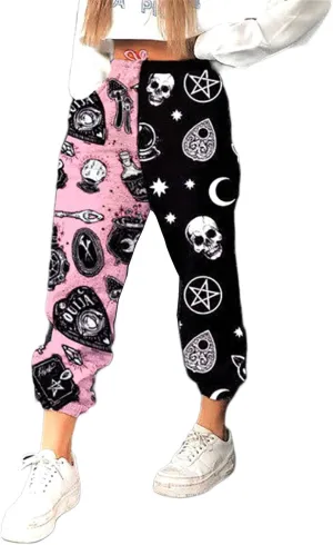 Women Printed Baggy Sweatpants Pockets High Waist Joggers Pants Contrast Color Sporty Athletic Lounge Trousers
