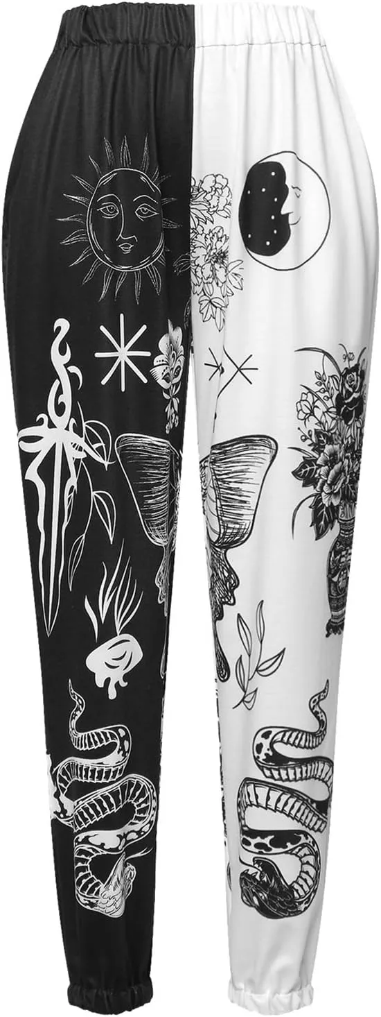 Women Printed Baggy Sweatpants Pockets High Waist Joggers Pants Contrast Color Sporty Athletic Lounge Trousers