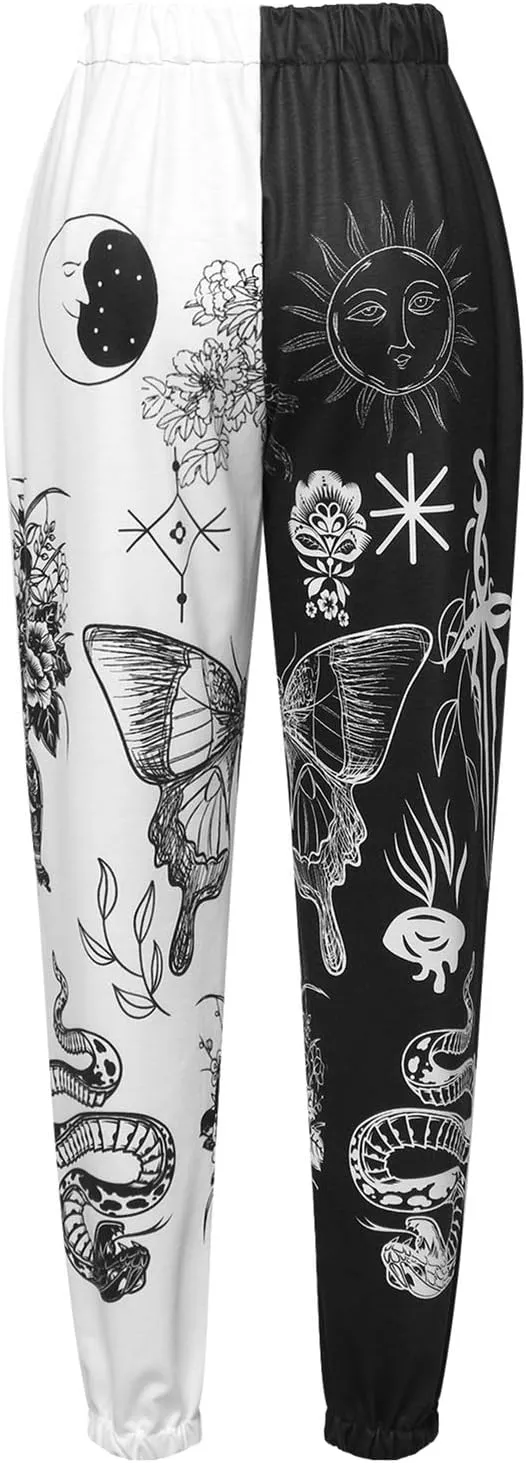 Women Printed Baggy Sweatpants Pockets High Waist Joggers Pants Contrast Color Sporty Athletic Lounge Trousers