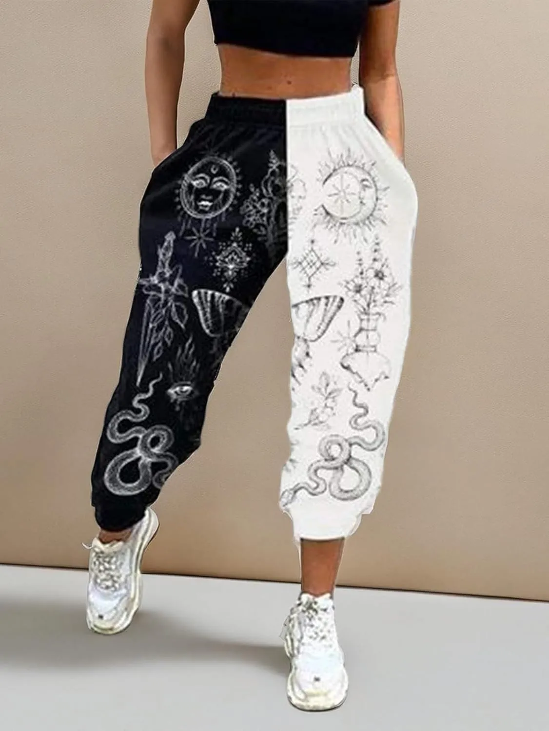 Women Printed Baggy Sweatpants Pockets High Waist Joggers Pants Contrast Color Sporty Athletic Lounge Trousers