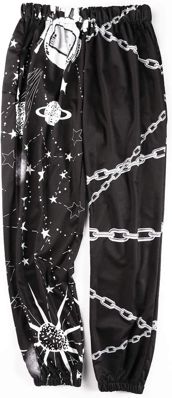 Women Printed Baggy Sweatpants Pockets High Waist Joggers Pants Contrast Color Sporty Athletic Lounge Trousers