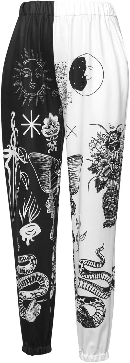 Women Printed Baggy Sweatpants Pockets High Waist Joggers Pants Contrast Color Sporty Athletic Lounge Trousers