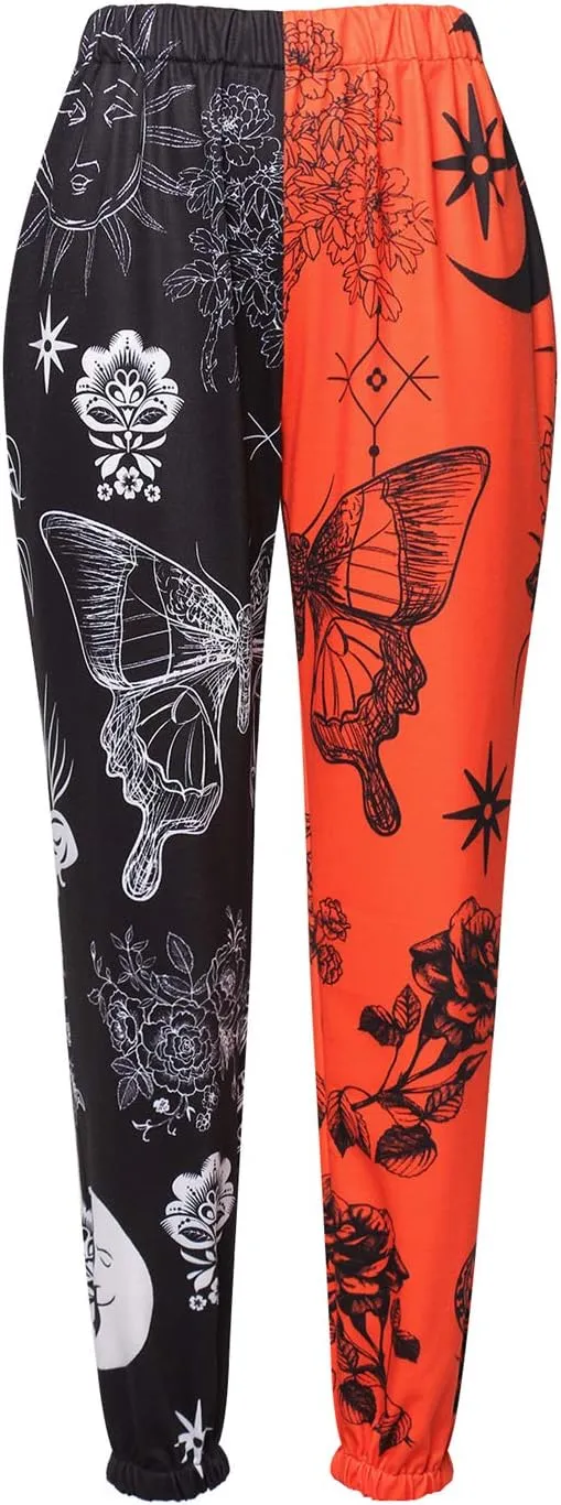 Women Printed Baggy Sweatpants Pockets High Waist Joggers Pants Contrast Color Sporty Athletic Lounge Trousers