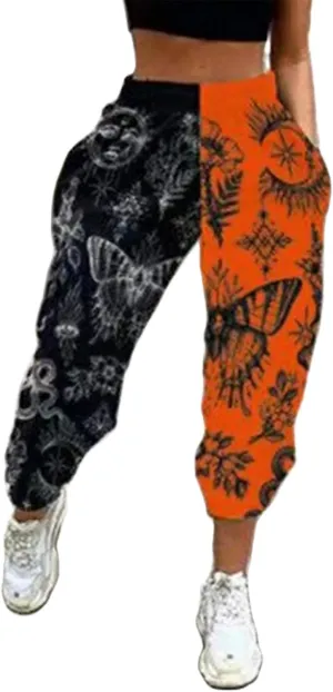 Women Printed Baggy Sweatpants Pockets High Waist Joggers Pants Contrast Color Sporty Athletic Lounge Trousers