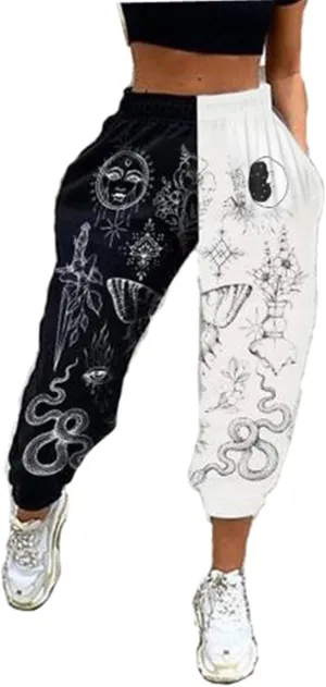 Women Printed Baggy Sweatpants Pockets High Waist Joggers Pants Contrast Color Sporty Athletic Lounge Trousers