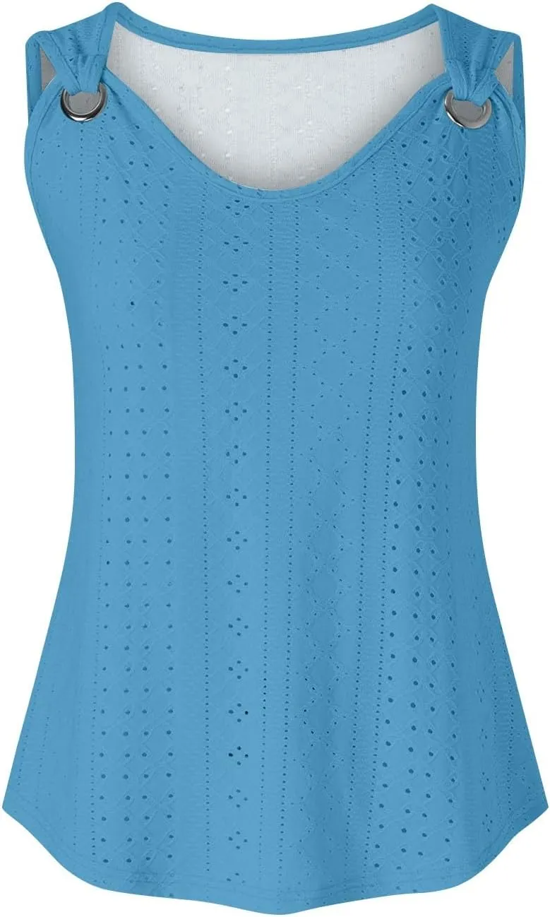 Women Tank Tops Summer Sleeveless Basic Cami Top Shirt Slim Knit Ribbed Vest Eyelet Blouses Trendy Outfits