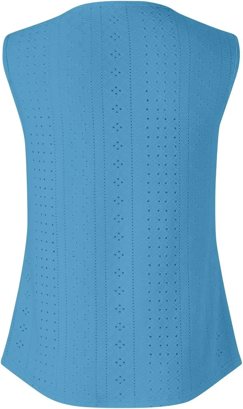 Women Tank Tops Summer Sleeveless Basic Cami Top Shirt Slim Knit Ribbed Vest Eyelet Blouses Trendy Outfits