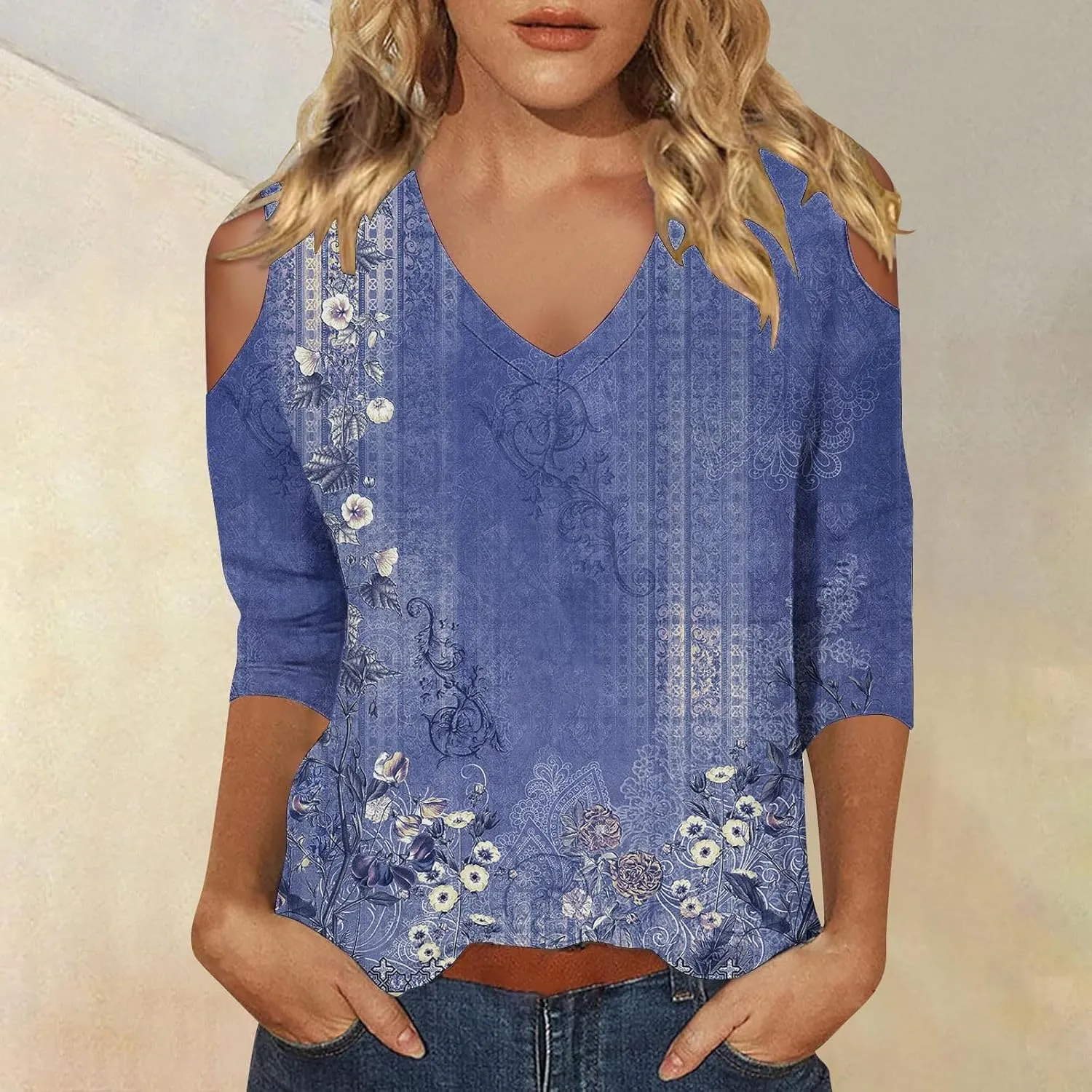 Women's 3/4 Length Sleeve Tops Trendy Dressy Casual V-Neck Loose Soft Lightweight Tunic Blouses T-Shirts Summer