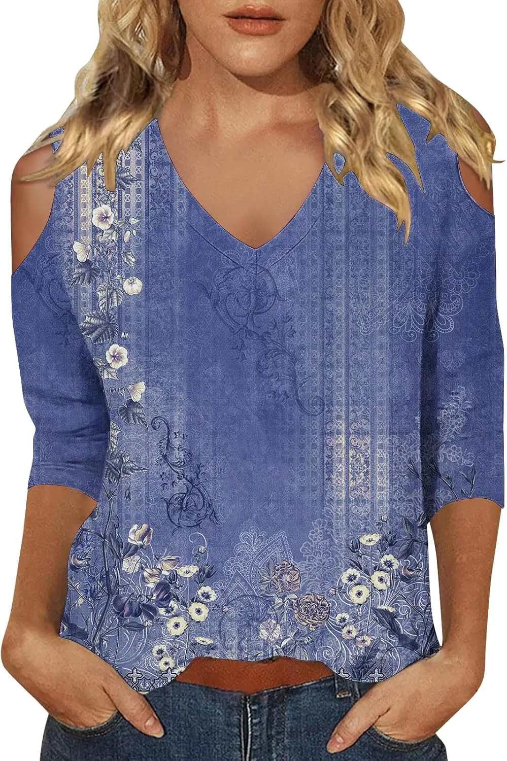 Women's 3/4 Length Sleeve Tops Trendy Dressy Casual V-Neck Loose Soft Lightweight Tunic Blouses T-Shirts Summer