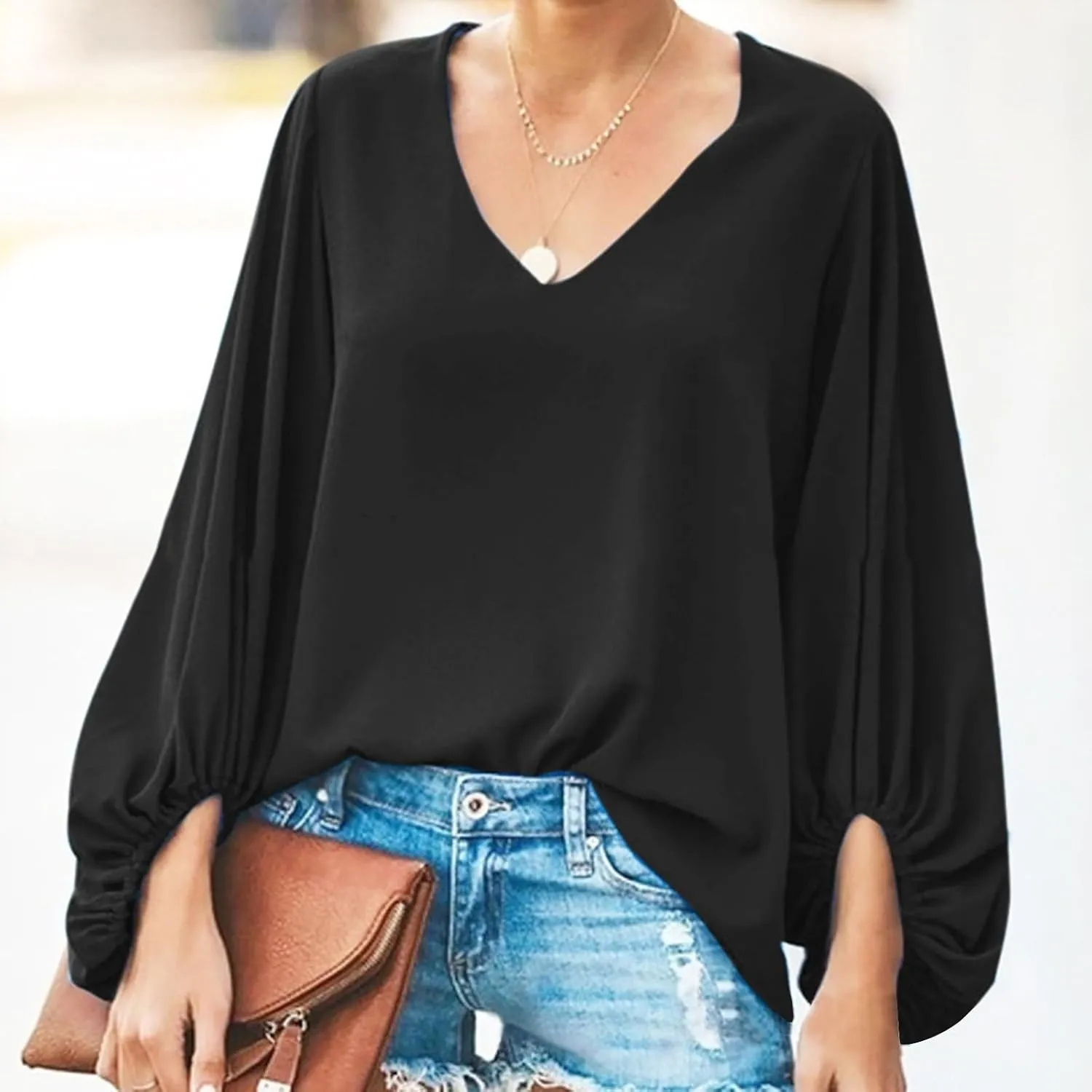 Womens Blouses Dressy Casual Fashion Smocked Long Balloon Sleeve V Neck Chiffon Shirts Tops Fall Outfits Clothes