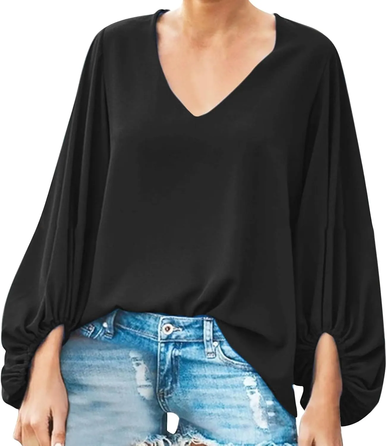 Womens Blouses Dressy Casual Fashion Smocked Long Balloon Sleeve V Neck Chiffon Shirts Tops Fall Outfits Clothes
