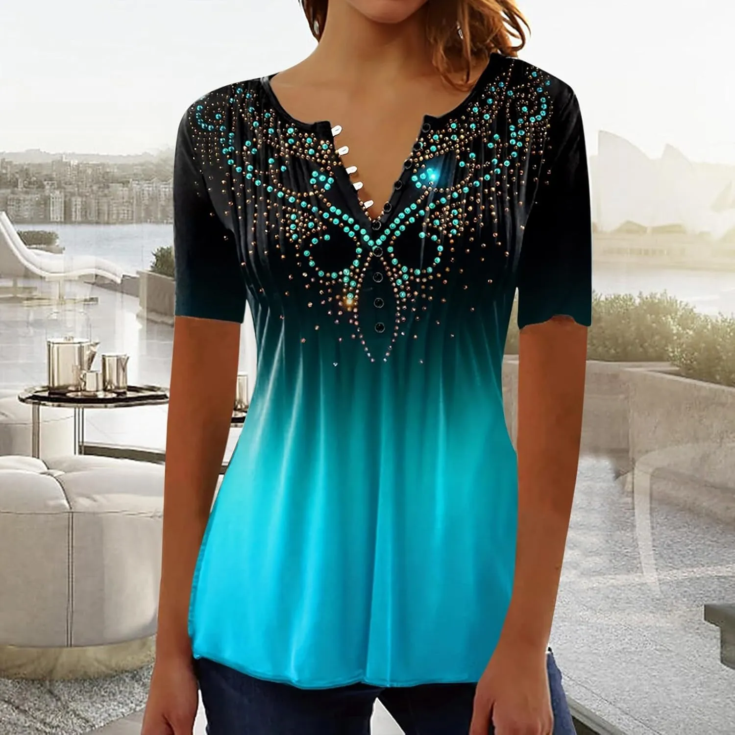 Womens Blouses Short Sleeve Tops Crew Neck Pleated Shirts Tunic Casual Flowy Trendy Pleated Tunic Tops Floral Blue XXL