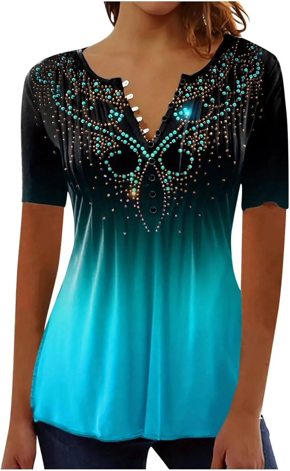 Womens Blouses Short Sleeve Tops Crew Neck Pleated Shirts Tunic Casual Flowy Trendy Pleated Tunic Tops Floral Blue XXL