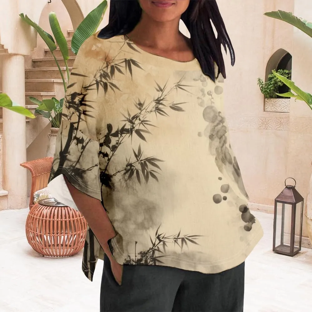 Women's Boho Tunic Tops Vintage Floral 3/4 Sleeve T Shirts Linen Blouses Tunics Cotton Summer Graphic Tees