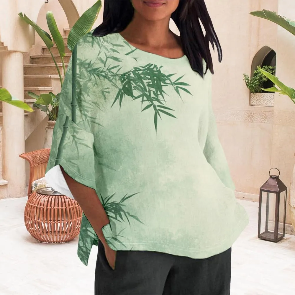 Women's Boho Tunic Tops Vintage Floral 3/4 Sleeve T Shirts Linen Blouses Tunics Cotton Summer Graphic Tees