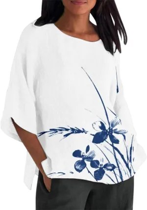 Women's Boho Tunic Tops Vintage Floral 3/4 Sleeve T Shirts Linen Blouses Tunics Cotton Summer Graphic Tees