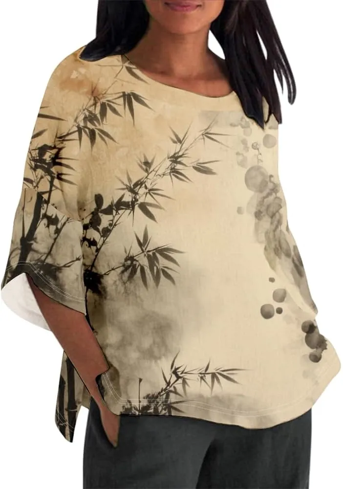 Women's Boho Tunic Tops Vintage Floral 3/4 Sleeve T Shirts Linen Blouses Tunics Cotton Summer Graphic Tees