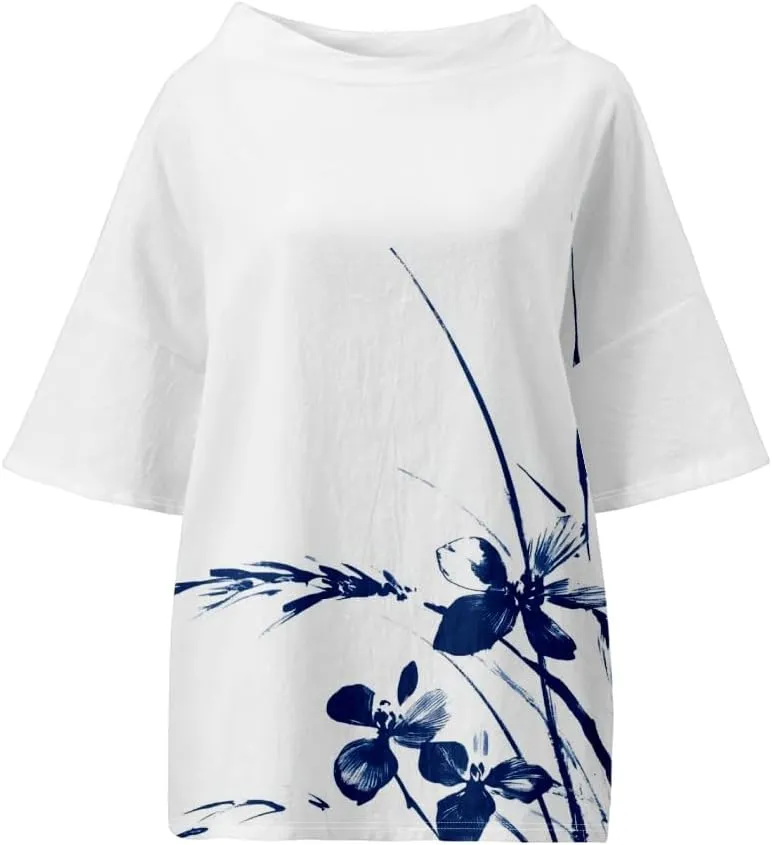 Women's Boho Tunic Tops Vintage Floral 3/4 Sleeve T Shirts Linen Blouses Tunics Cotton Summer Graphic Tees