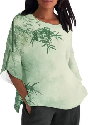 Women's Boho Tunic Tops Vintage Floral 3/4 Sleeve T Shirts Linen Blouses Tunics Cotton Summer Graphic Tees