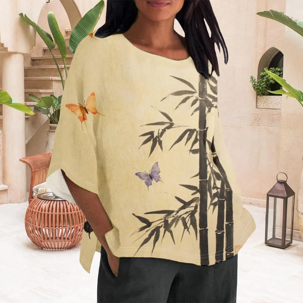 Women's Boho Tunic Tops Vintage Floral 3/4 Sleeve T Shirts Linen Blouses Tunics Cotton Summer Graphic Tees