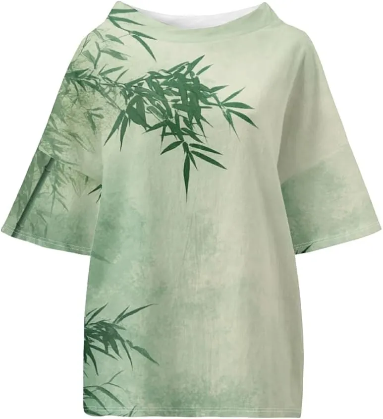 Women's Boho Tunic Tops Vintage Floral 3/4 Sleeve T Shirts Linen Blouses Tunics Cotton Summer Graphic Tees