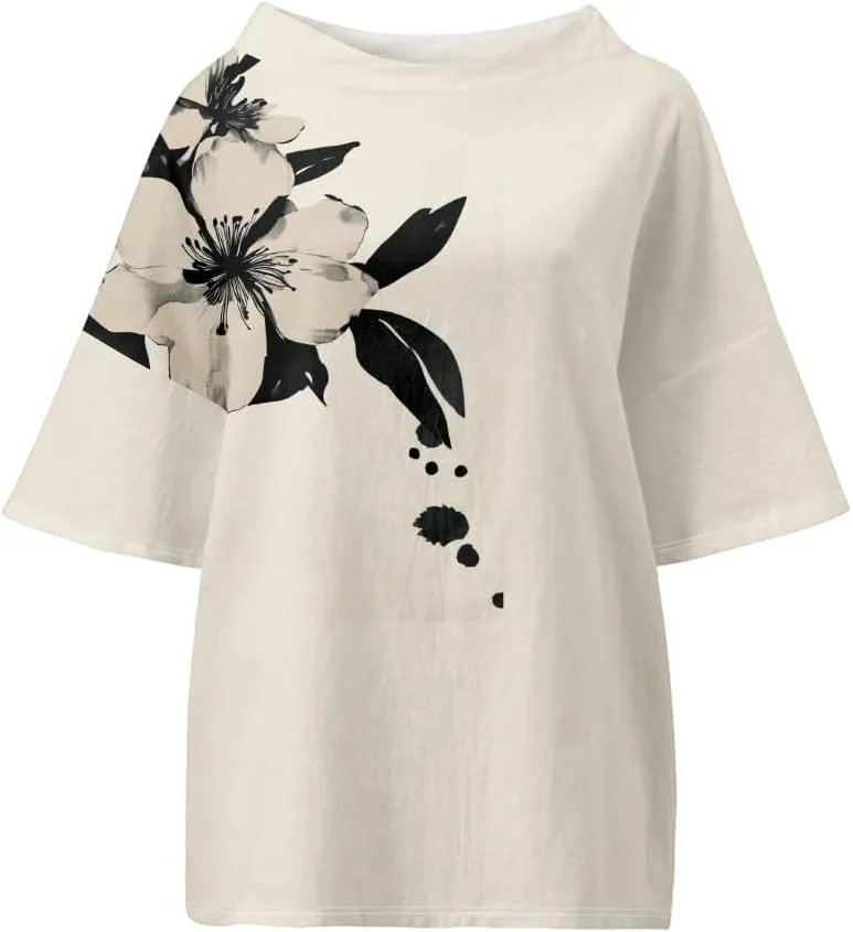Women's Boho Tunic Tops Vintage Floral 3/4 Sleeve T Shirts Linen Blouses Tunics Cotton Summer Graphic Tees