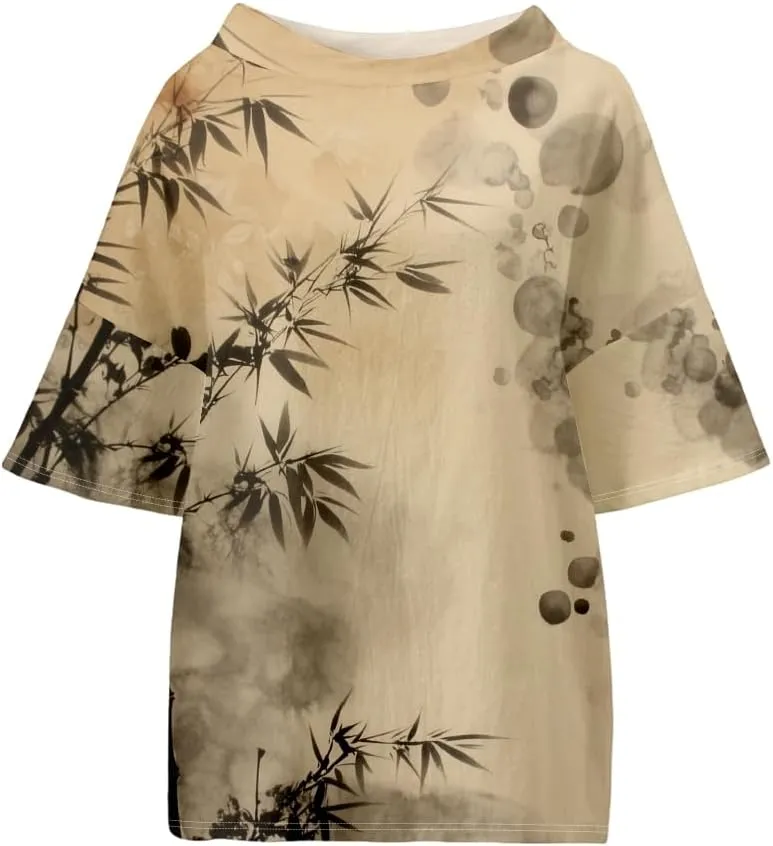Women's Boho Tunic Tops Vintage Floral 3/4 Sleeve T Shirts Linen Blouses Tunics Cotton Summer Graphic Tees