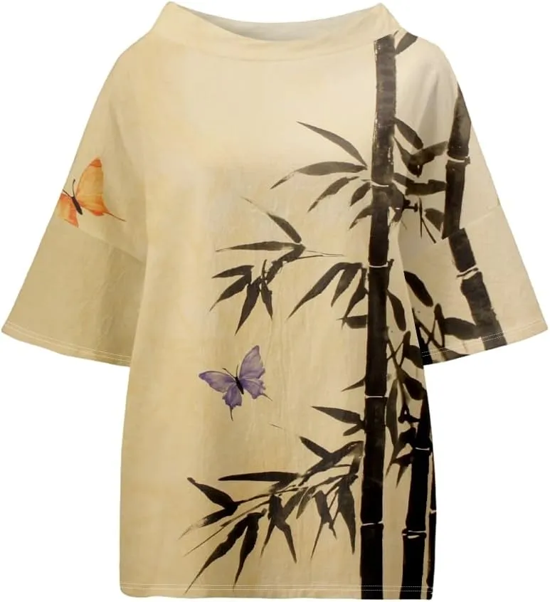 Women's Boho Tunic Tops Vintage Floral 3/4 Sleeve T Shirts Linen Blouses Tunics Cotton Summer Graphic Tees